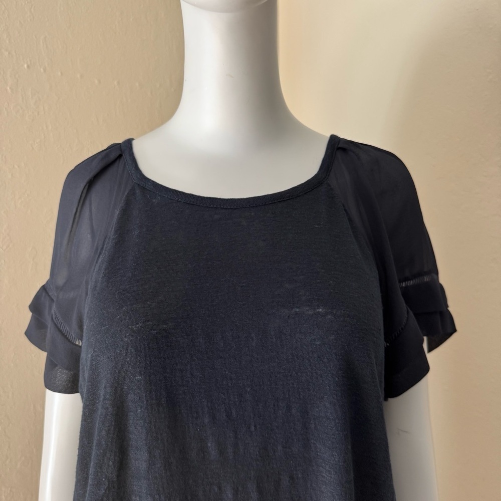 REBECCA TAYLOR Navy Sheer Flutter Sleeve Knit Top Silk and Linen Size Large - Picture 5 of 16
